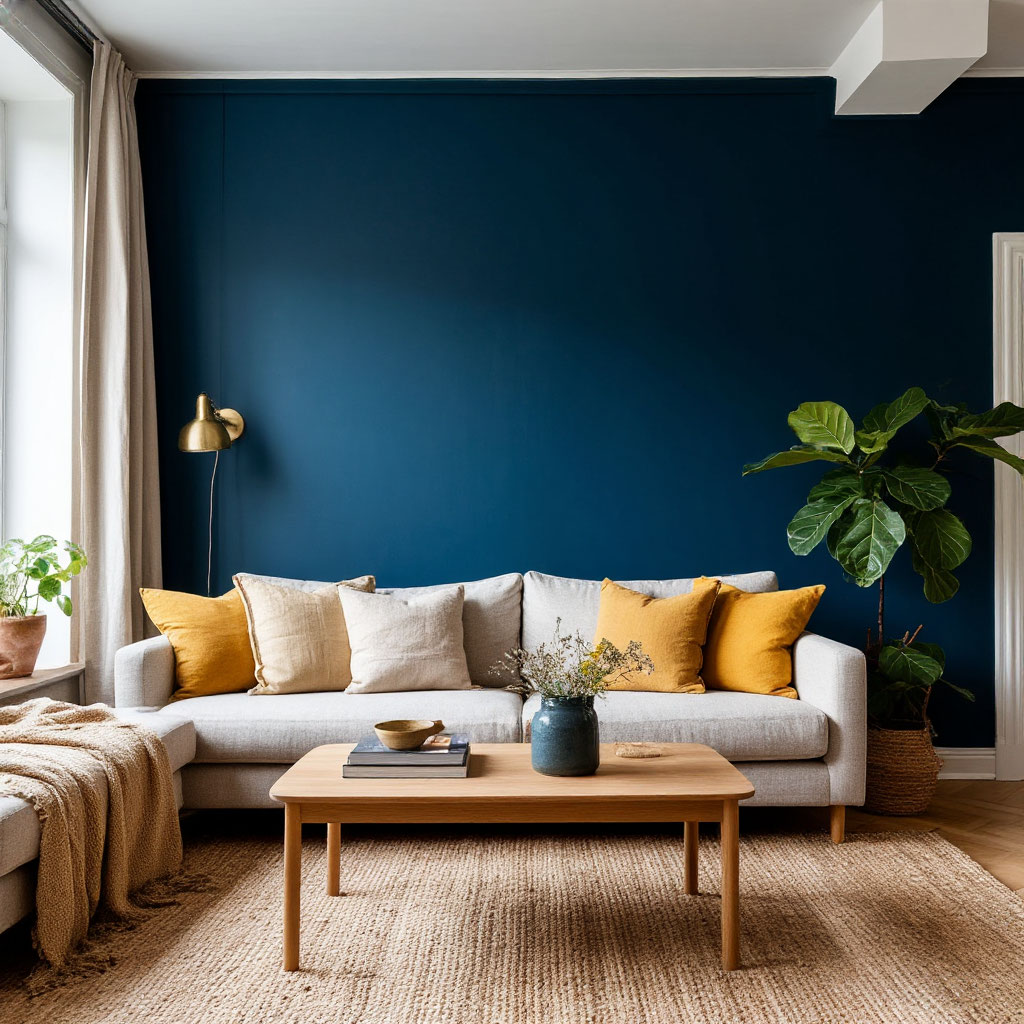 Blue accent wall with neutral textiles