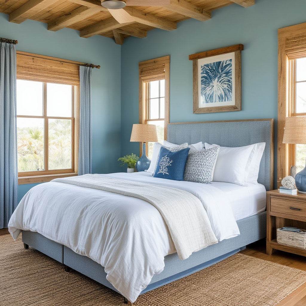 Blue bedroom with coastal vibe