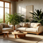 Cozy living room with eco-friendly furniture and a sofa in organic fabrics