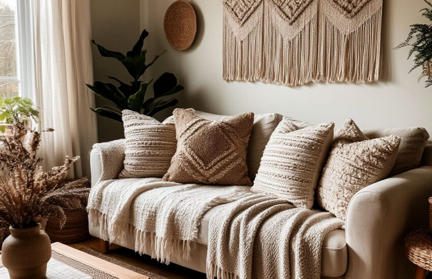 Cozy textile decor in a warm living room