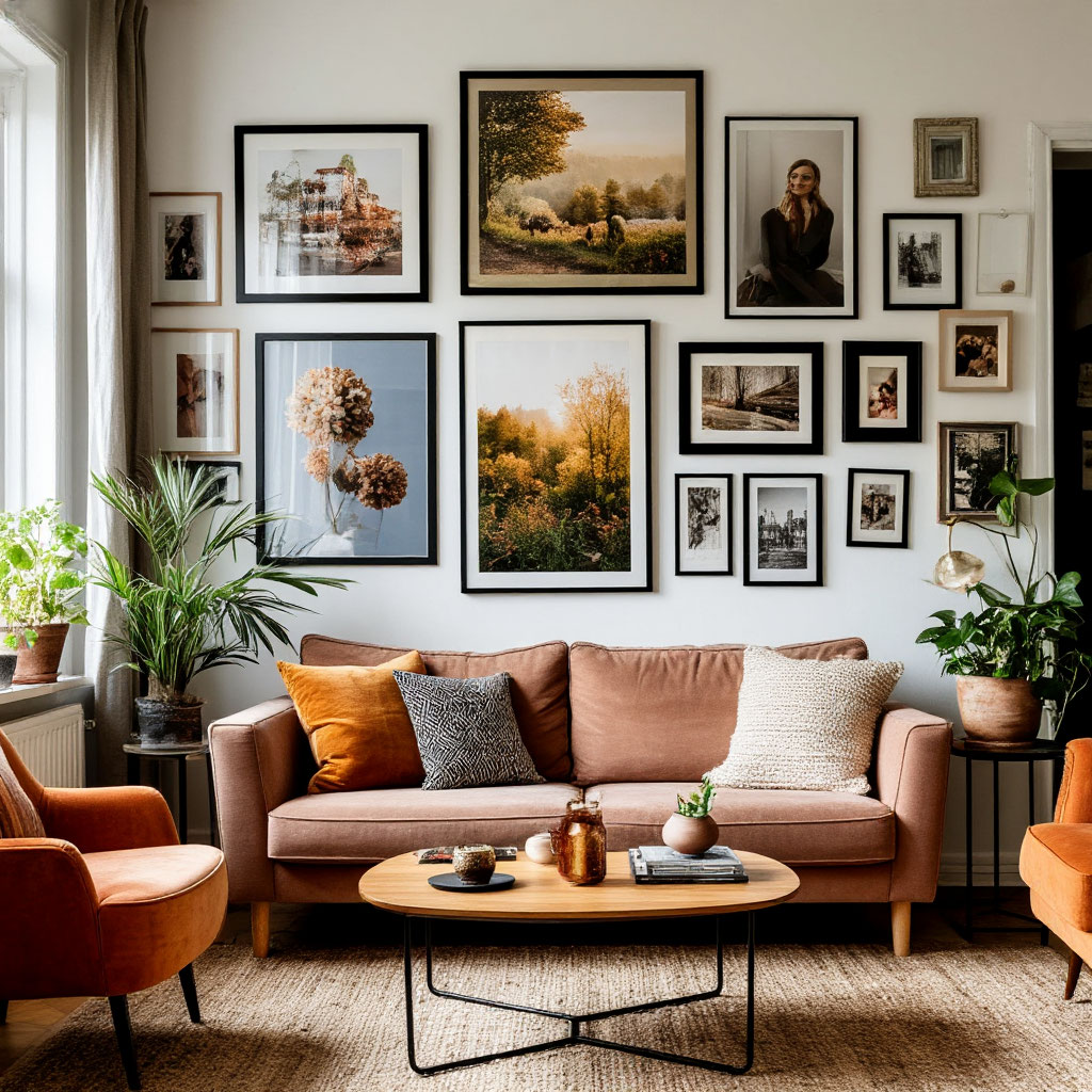 Eclectic gallery wall in modern living room