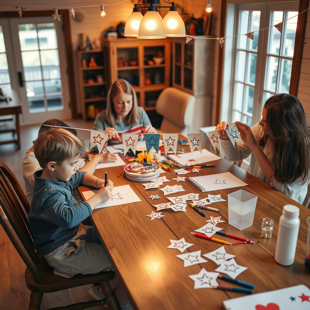 Family making patriotic paper garlands