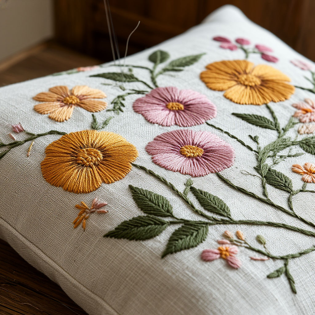 Hand-embroidered pillow detail