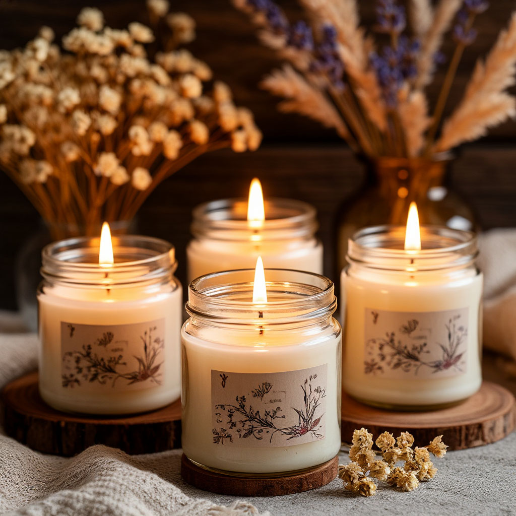 Homemade scented candles with flowers