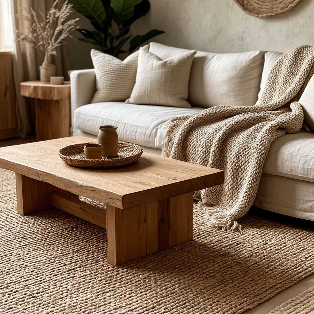 Jute carpet and knitted blanket in a rustic interior