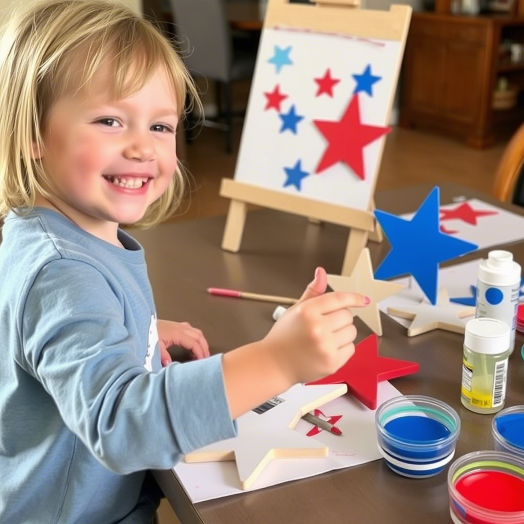 Kids painting patriotic wooden stars