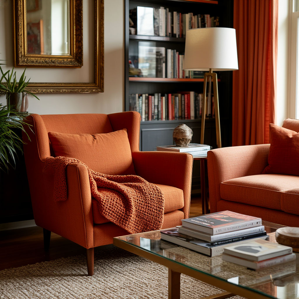 Mixed-era living room with vintage crochet and modern furniture