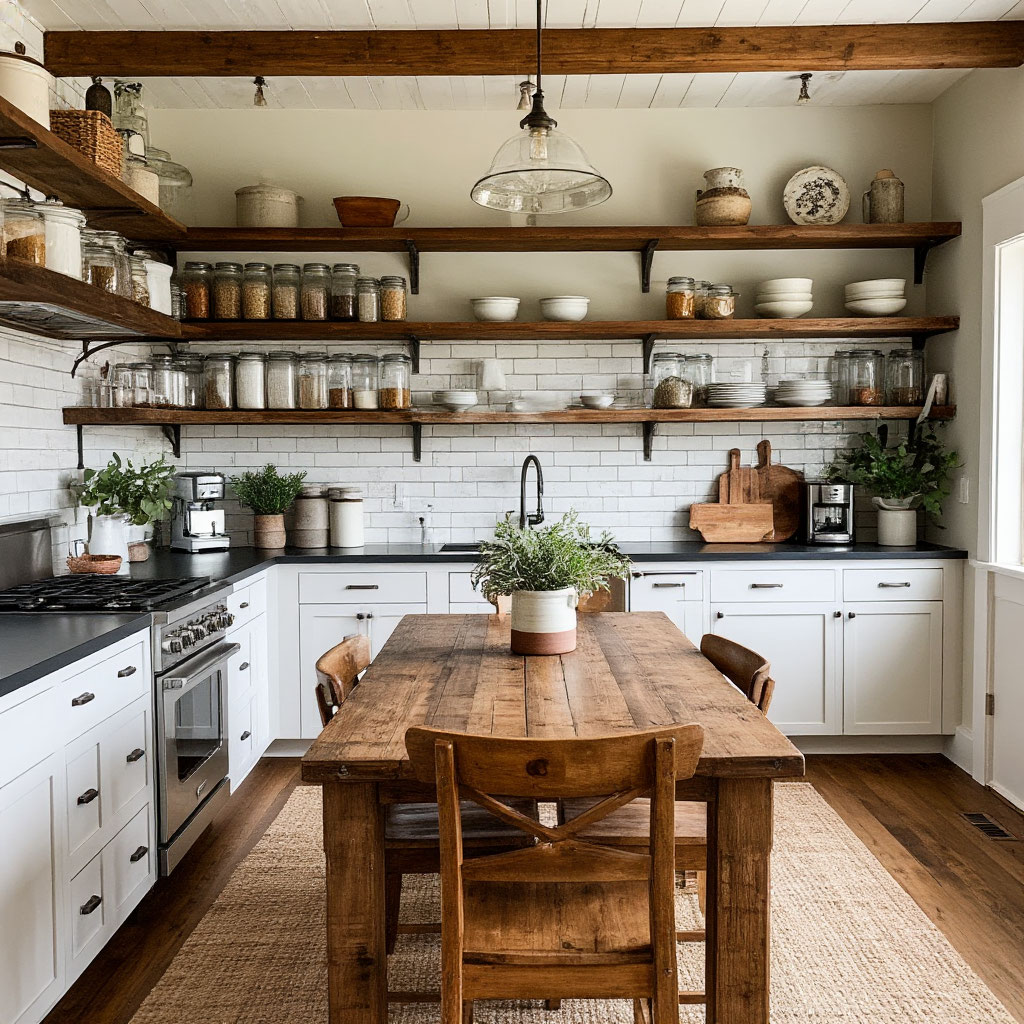 Modern farmhouse style kitchen with wooden shelves