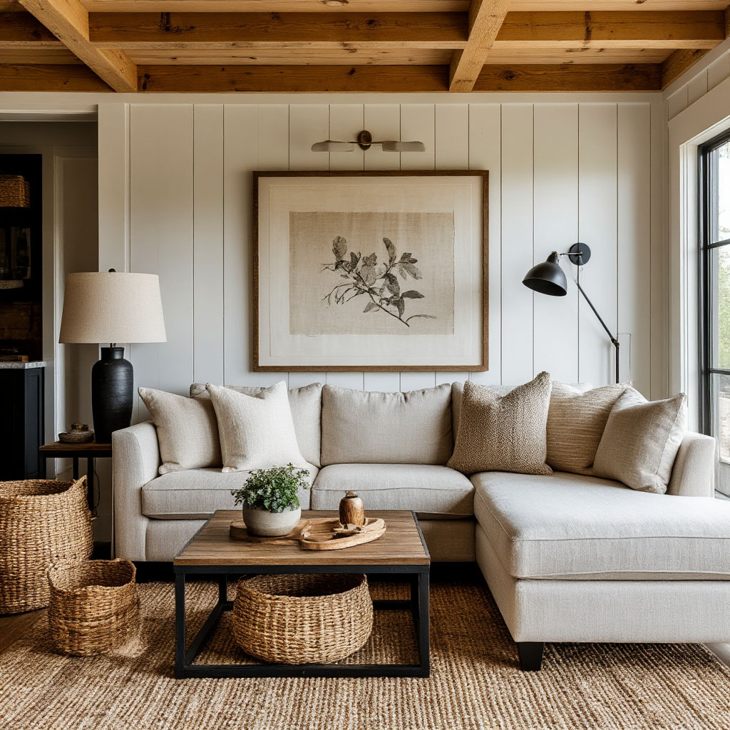 Modern farmhouse style living room with wooden walls and linen furniture