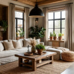 Modern rustic living room with wooden furniture, linen sofa and natural textures