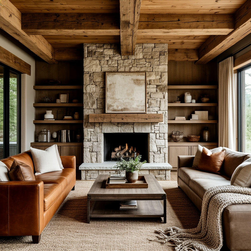 Modern rustic: a combination of wooden beams, a fireplace and minimalist furniture