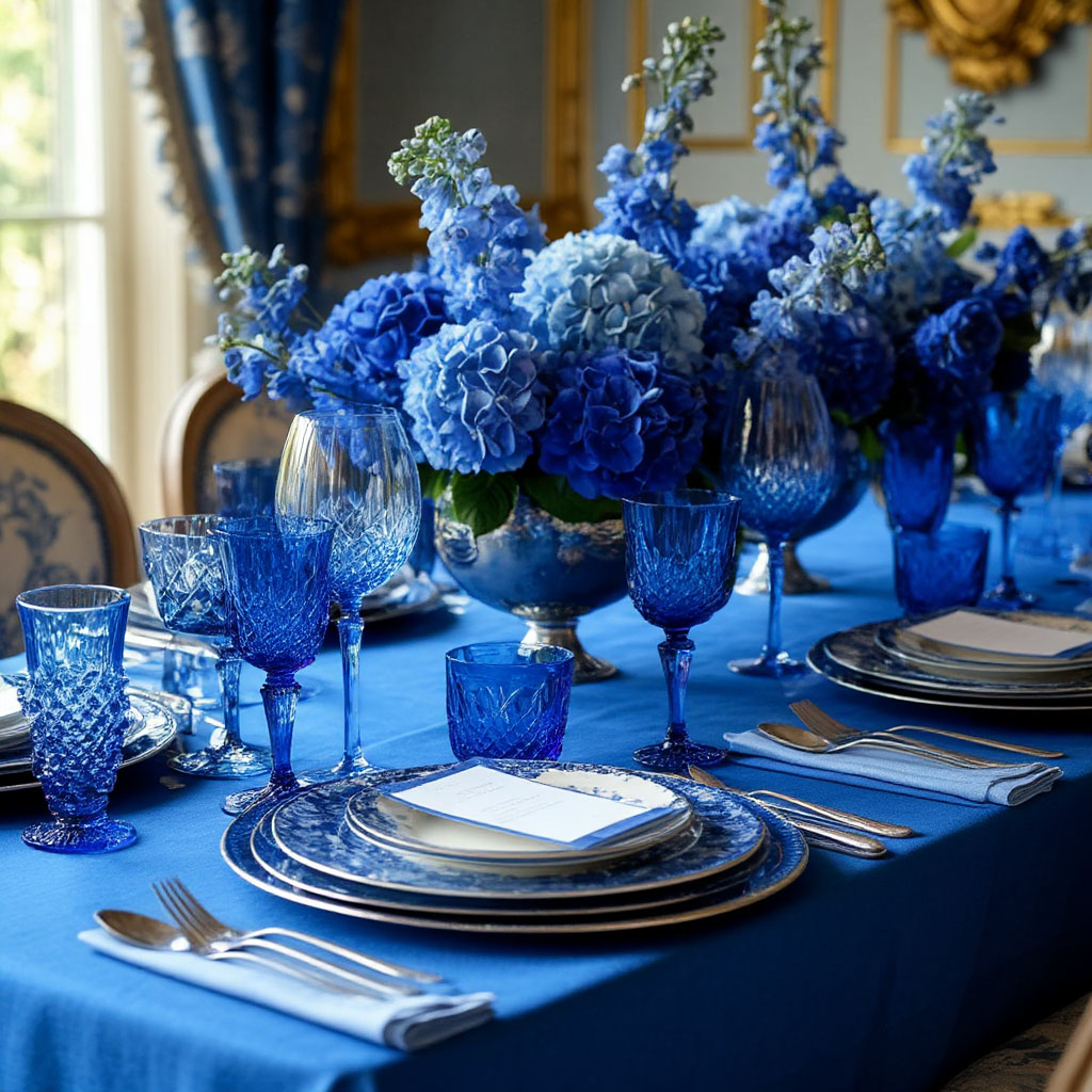 Monochromatic blue tablescape design