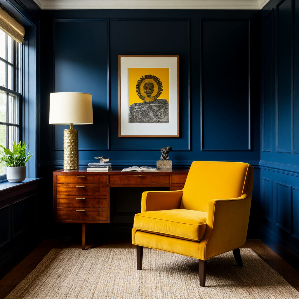 Navy home office with pop of color