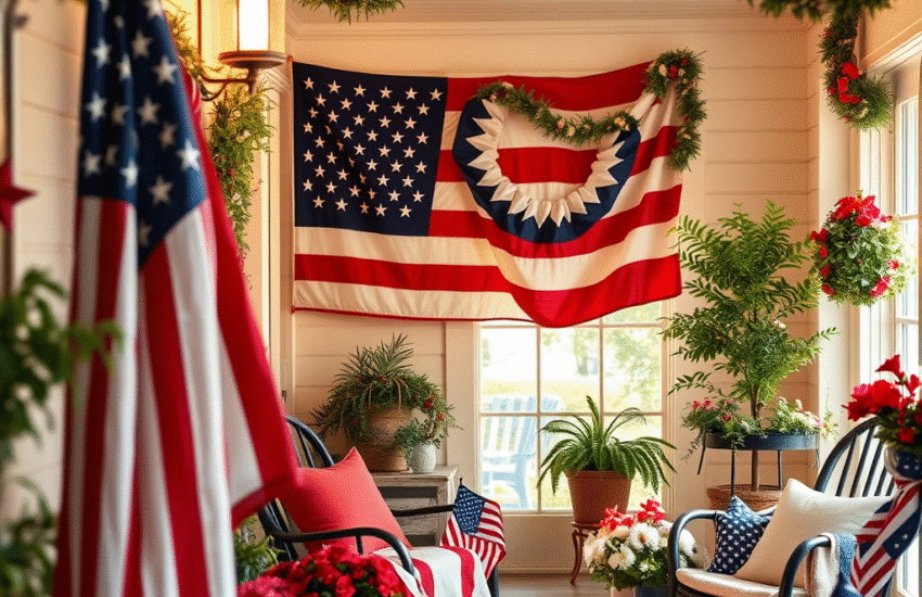 Patriotic 4th of July home decor with flags and stars