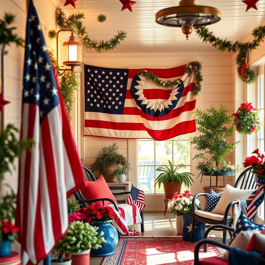 Patriotic 4th of July home decor with flags and stars