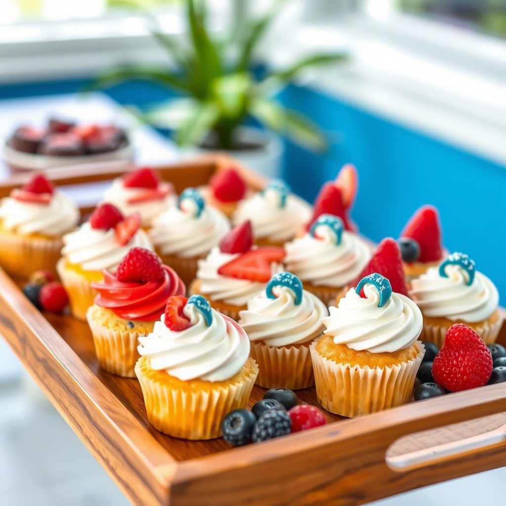 Patriotic dessert tray with red, white, and blue treats
