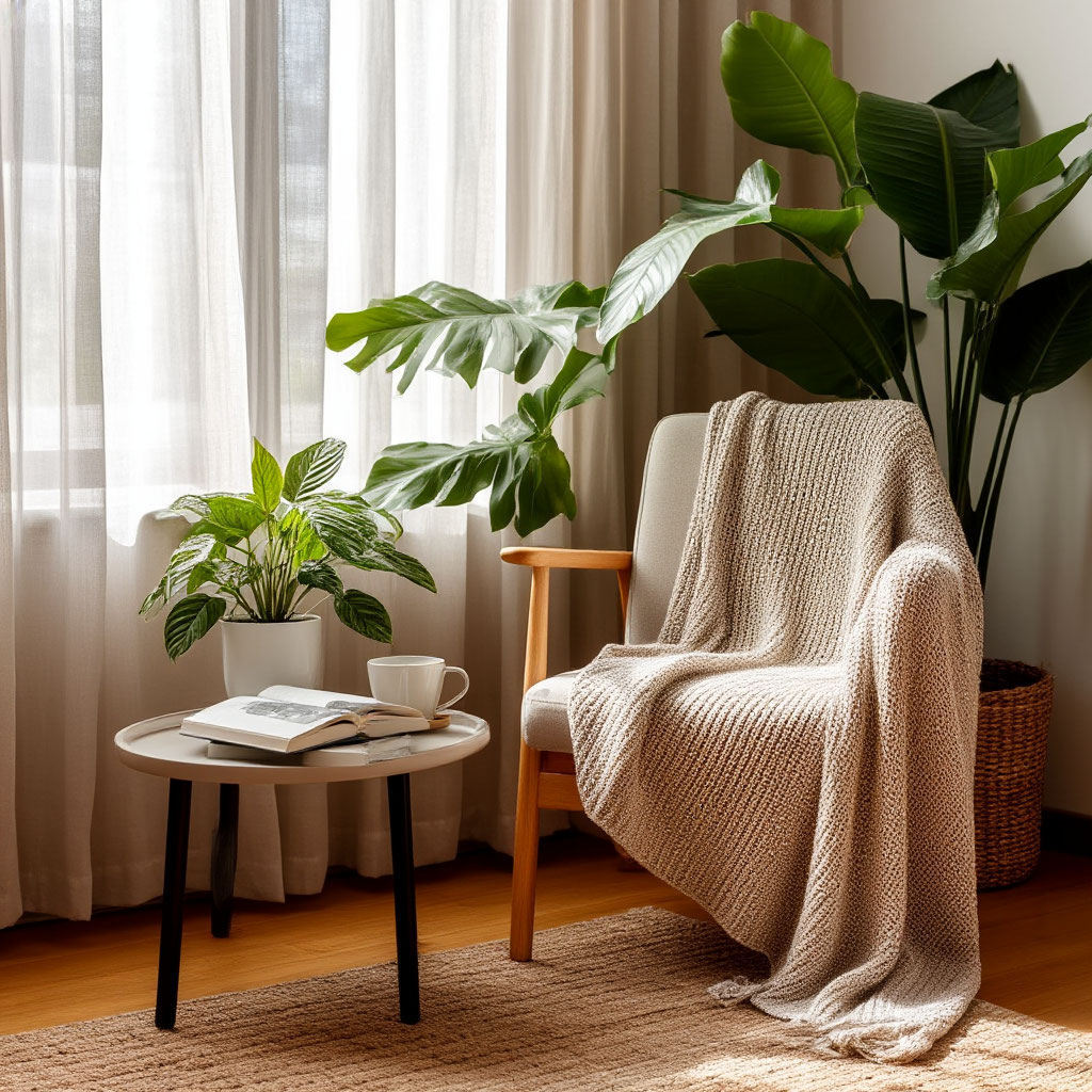 Relaxing reading corner with seasonal decor