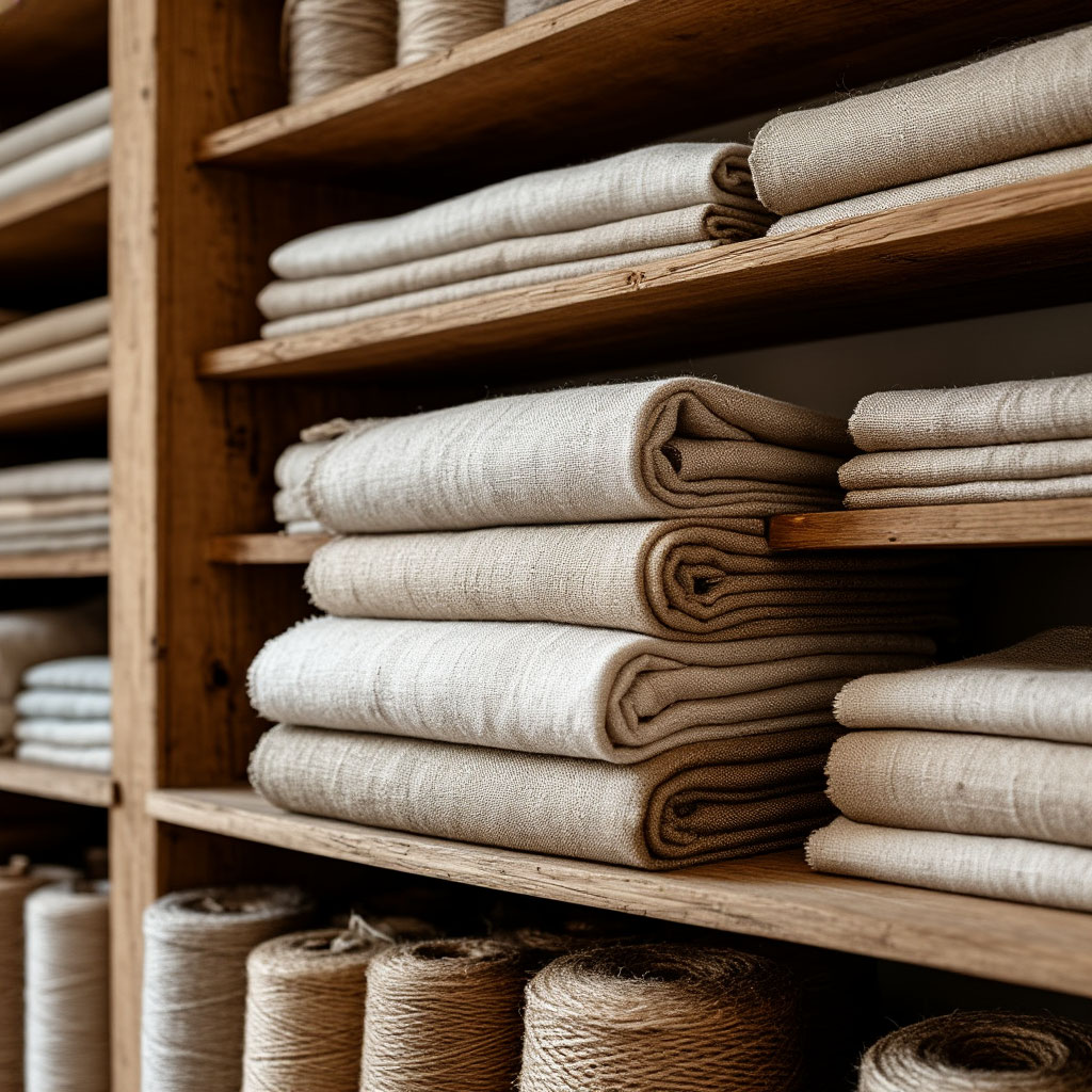 Rolls of sustainable fabrics linen, hemp, recycled wool