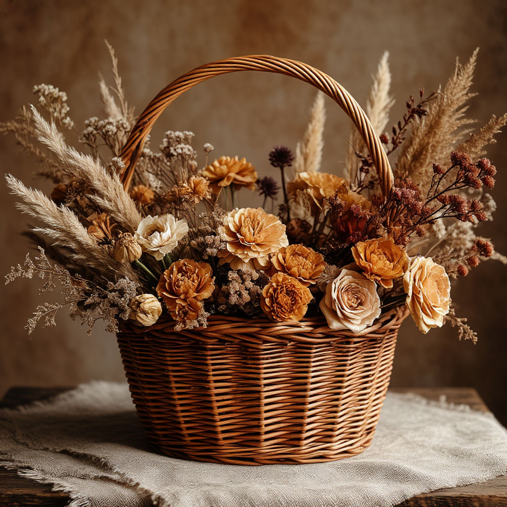 Rustic floral basket with dried flowers