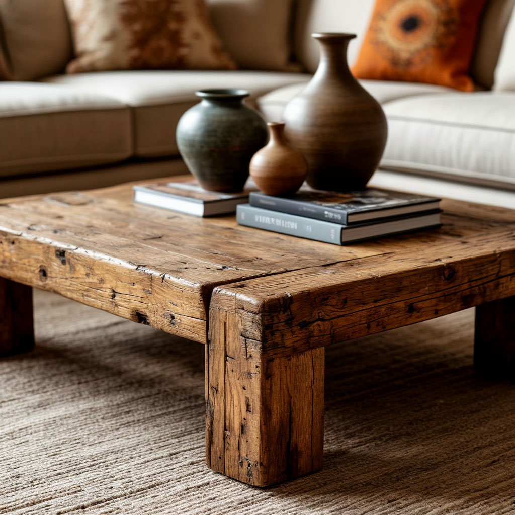 Rustic wooden coffee table with ceramic decor