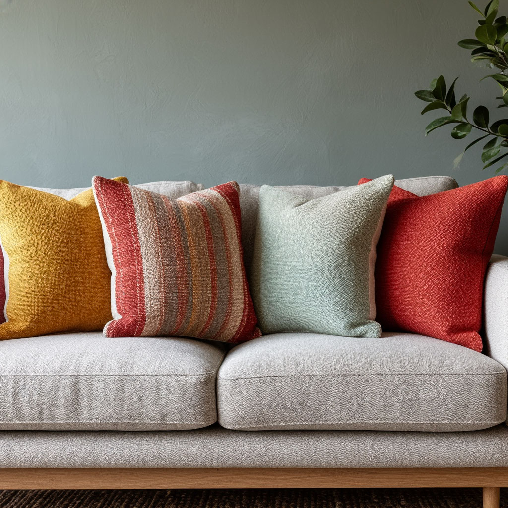 Sofa with throw pillows against green-gray wall