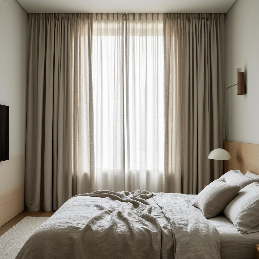 Sound-absorbing linen curtains in bedroom