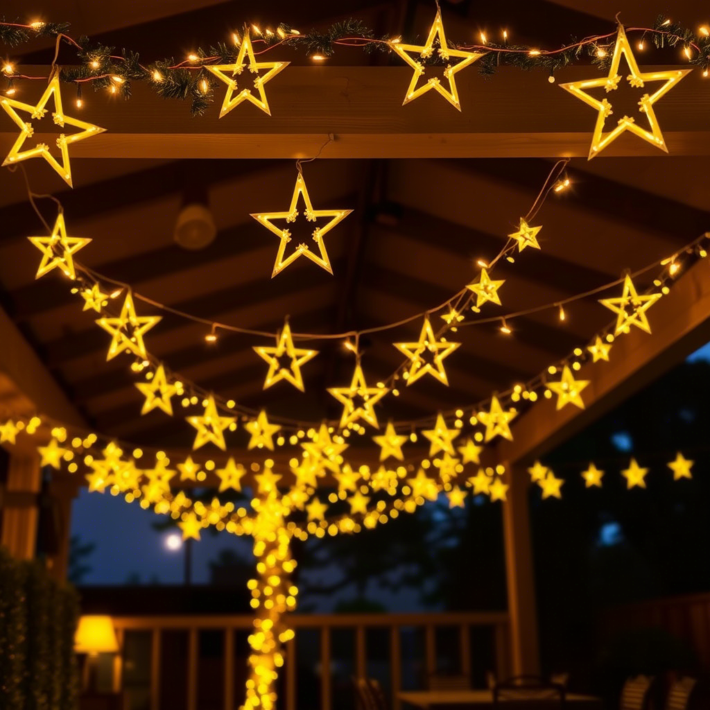 Star-shaped string lights over patio