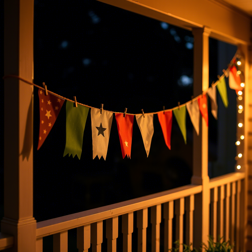 String lights and bunting on porch railing