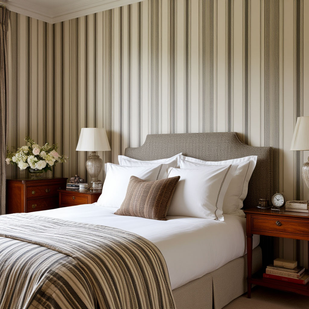 Striped wallpaper in bedroom