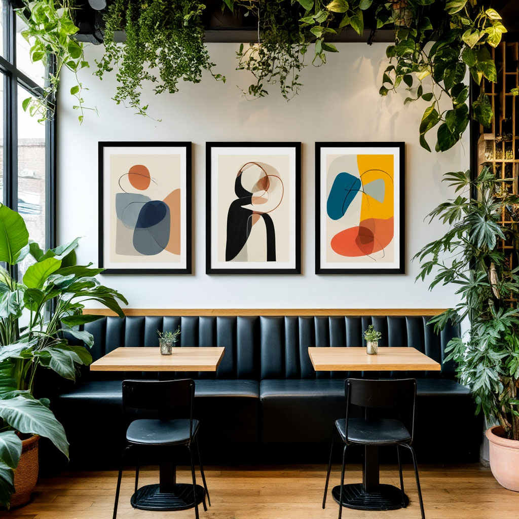 Symmetrical gallery wall in cafe