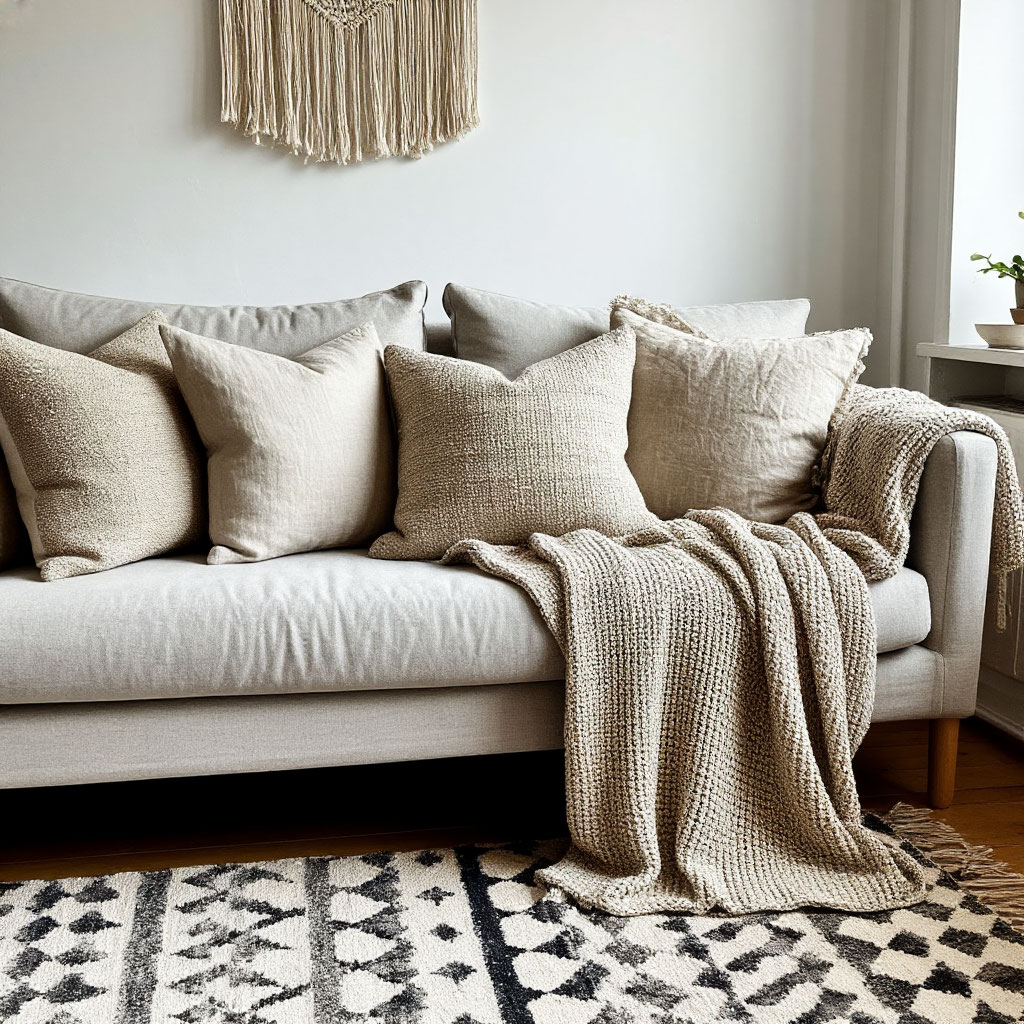 Textile accents in a minimalist living room