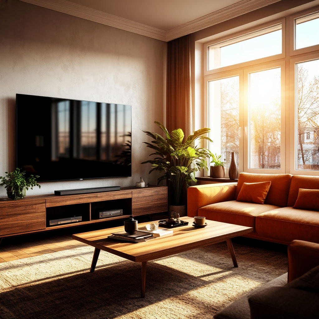 TV placement mistake in interior layout – screen glare from windows