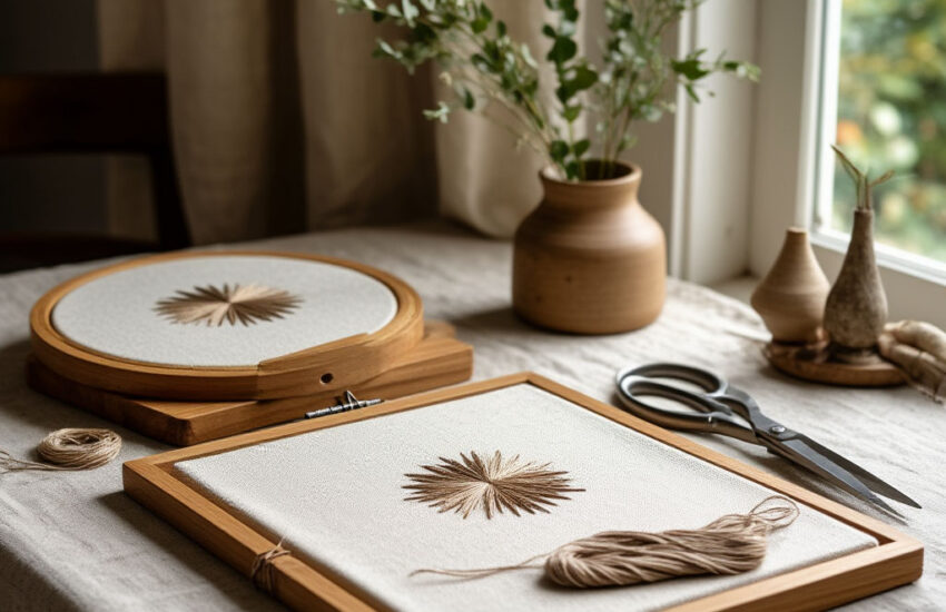 Eco-conscious embroidery tools flatlay