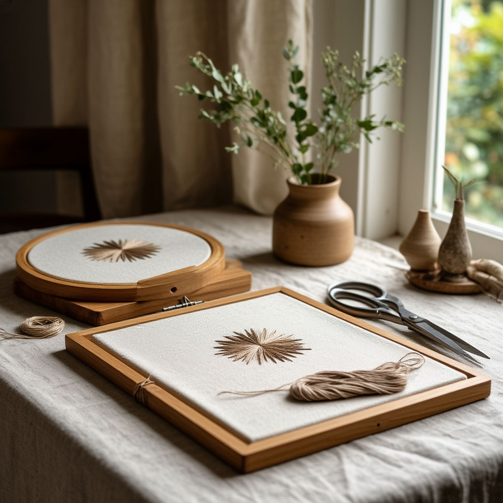 Eco-conscious embroidery tools flatlay